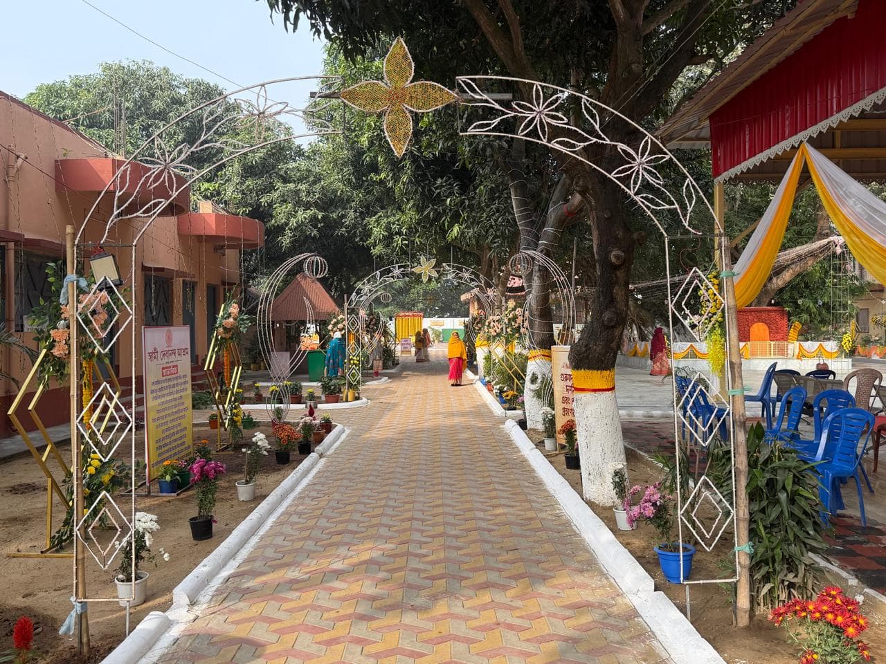 A paved walkway lined with decorative metal arches, potted flowers and canopies